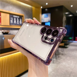 🇹🇭✨NEW✨เคส ซัมซุง เคส samsung สำหรับ Samsung S25 S24 S23 S22 S21Ultra Plus เคสโทรศัพท์มือถือที่มีฟิลม์นิรภัยสำหรับเลนส์สี่มุมป้องกันการตกเคสพื้นที่ชุบด้วยไฟฟ้าโปร่งใสไล่ระดับสีใสแวววาวป้องกันการตกแบบรวมทุกอย่างเคส