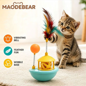 MAODEBEAR Interactive Cat Toy Wobble Base Teaser Stick Feather Ball Bell Indoor Kitten Play Toy
