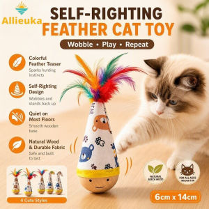 Allieuka Interactive Cat Toy Wooden Self Righting Tumbler With Feather Teaser Quiet Indoor Exercise Boredom
