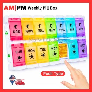 LOCAL STOCK Bekas Ubat Pil 7 Hari Day Pill Box Organizer 2 Times a Day AM PM Weekly Medicine Pill Container Case Push Button Type Pop Open Design Rainbow Black White