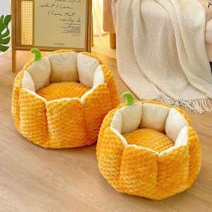 Pumpkin Cat Bed Winter Warm Thick Soft Pet Nest Semi Enclosed Dog Kennel Plush Anti Slip Waterproof Sleeping Mat