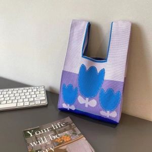 [Ready Stock]Candy Color Striped Knit HandbagTote Bag Women Handbags Cute Knitting Shoulder Bag for Women Casual Shopping Reusable Tote Bag