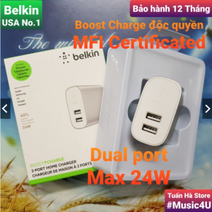Củ sạc nhanh 2 cổng USB Belkin 10W 24W chuẩn MFI cho Iphone 6 7 8 Plus X 11 12 Pro Max Tuấn Hà Store