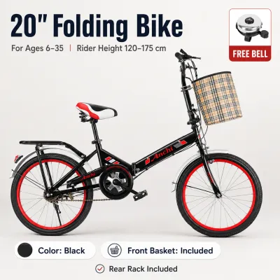 Yowxii 20-Inch 7-Speed Folding City Bike with Front Basket and Rear Rack Compact Commuter Bicycle with Adjustable Seat Dual Brakes and Fenders for Daily Riding