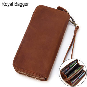 ROYAL BAGGER Genuine Cow Leather Purse Retro Crazy Horse Leather Men s Long Wallet Fashion Zipper Wallets Casual Card Clip Clutch For Man Cool