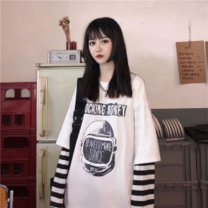 Korea Wanita T-shirt Lengan Panjang Retro Huruf Cetak Palsu Dua Potong Garis Longgar Atasan Tee