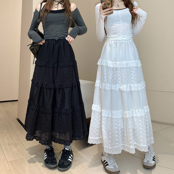 S-4XL Women Long Maxi Skirt Cotton Lace Flare A Line Elastic High