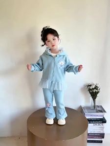 2025 Autumn Sweet Girls Two Pieces Set Princess Mesh Splicing Hooded Coat+Flare Pants Casual Sport Childrens Sets