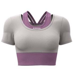 MUQZI Breathable Sports Top with Bra Tight Combined in One Yoga T-shirt Dance Clothes Fake Two-piece Plus Size Short Top Womens Clothing
