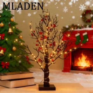 MLADEN คริสต์มาสตกแต่ง โคมไฟ LED ต้นนกแดงคริสต์มาส ใช้งานใน นอกบ้าน สำหรับตกแต่ง ของขวัญเทศกาล