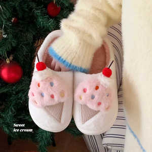 XIXITIAO Winter Plush Maternity Shoes Warm Comfortable Sweet Girly Ice Cream 2025 New Style Home Cotton Slippers for Women