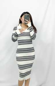 Ami Collection - Dress Rajut Salur Lengan Panjang / Dress Salur Lengan Panjang / Dress Formal Wanita / Bodycon Dress / V Neck Dress