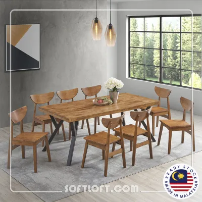 Softloft Eugene (1+8) Seater Table Solid Wood Rectangular Table for Dining Cafe Study Restaurant Wooden Desk Scandinavian Meja Makan Kayu - Full Set