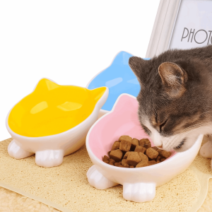 ER52858 Cute Cat Ceramic Bowl Slanted Mouth Non-slip Dog Food Feeding Basin Pet Supplies Prevent Tipping Pet Food Dispenser Neck Protection