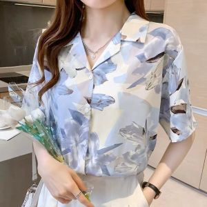 【Fast Delivery】NEW Short Sleeve Blouse For Women Floral Retro Chiffon Blouse Loose Casual Top