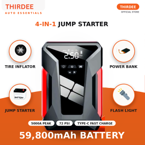 59800mAh 4-in-1 Car Jump Starter Powerbank With Built-in Air Pump Portable Tire Inflator 5000A Peak Current Heavy Duty Emergency Battery Booster Multifunction Auto Accessories LED Flashlight 12V Auto Equipment