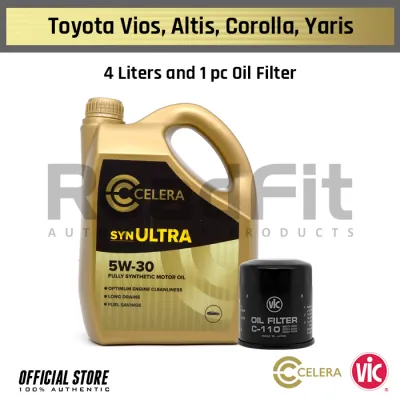Toyota Vios Altis Corolla Yaris Change Oil Package CELERA Magma SYN Ultra 5W30 Fully Synthetic Gasoline and Diesel Engines Oil (4Liters) MM03508 VIC Oil Filter C-110 PACK6-TY