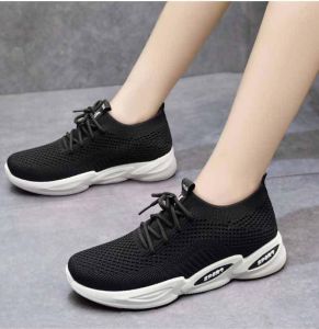 Womens Black Jogging Sneakers Ladies Rubber Shoes Breathable Lace-up Shoes Sport Running Shoes for Lady