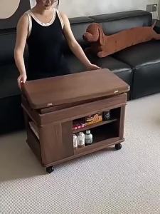 UrbanSpace SG- Vintage Solid Wood Height Adjustable Foldable Coffee Table Living Room Sofa Side Table Extendable Cart Organizer