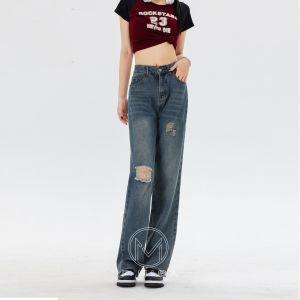 F.MIGA C47 Ripped Jeans Warna Medium Blue Retro Jeans Wanita High Waist Lurus Sobek Panjang Korean Style