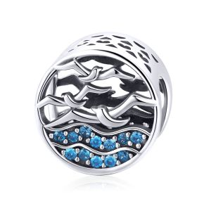 BAMOER Hạt Tròn Hình Hải Âu Bay Trên Đại Dương Bằng Bạc Ý 925 Thật Cho Nữ Phụ Kiện Vòng Tay Charm Tự Làm SCC1454