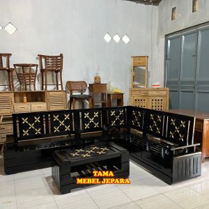 Kursi Tamu Sudut Jati Model Gelung Kawung Warna Hitam Produk Mebel Jepara