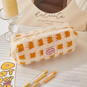 Warm plaid pencil case plush large capacity junior high school girls pencil case Korean style ins style elementary school student stationery bag