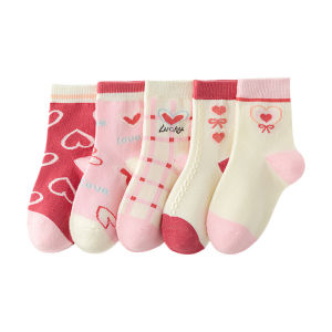 Set 5 đôi vớ trái tim sọc dễ thương cổ cao mềm mịn thoáng mát cho bé từ 0 - 12 tuổi