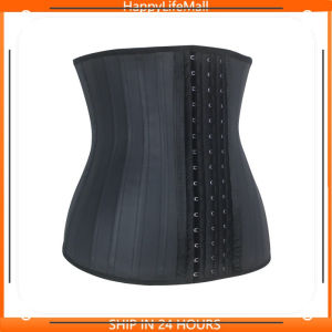 Waist Trainer 25 Boned 3 Row Latex Corset Regular Length Waist Trimmer Body Shaper in Black