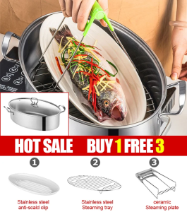 Stainless Steel Fish Steamer Thick Oval Fish Steamer Glass Lid Steamer Kitchen Multi-purpose Cookware