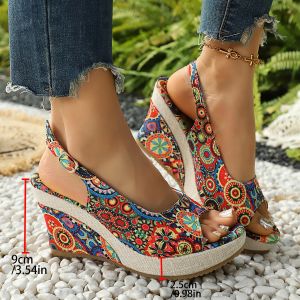 [Free Shipping] 2026 Fashionable Thick-Soled Ethnic-Style Sandals Large Size Open-Toe Wedge Heel And Patterned Design