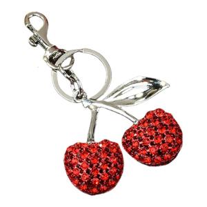 Sparkling 3D Cherry Keychain Charm Bag Accessory Fashionable Rhinestones Shaped Key Ring Ornament for Women