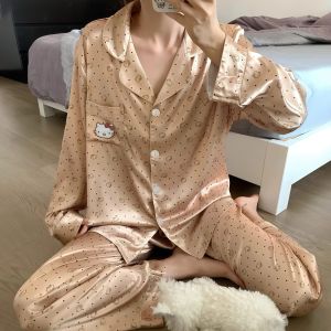 New Womens Soft Loose Korean Polka Dot Print Pajama Set Cute & Comfortable Kitty Loungewear