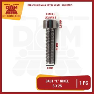 Baut "L" Nikel 6 x 25 Harga Per 1 Biji (PSP) Baud "10 Kunci L 5  Drat 6mm - Panjang 25mm