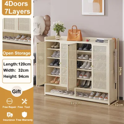 Bamboo mall Shoe Cabinet Multi-Layer With Rattan Door Breathable Bamboo Black Shoe Rack Organizer