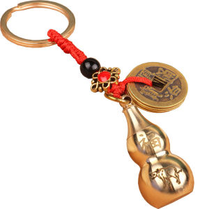 已开光 Zodiac natural cinnabar gourd brass key chain pure copper five emperors money car key chain pendant penda 十二生肖天然朱砂葫芦黄铜钥匙扣纯铜五帝钱汽车钥匙链挂件吊坠女挂件nt female pendant