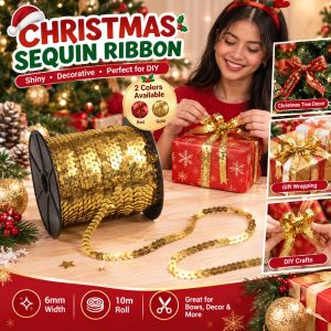 6mm Christmas Sequin Ribbon 10m Roll Shiny Sparkle Trim DIY Gift Wrapping Bow Making Christmas Tree Party Decoration Craft Supplies