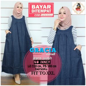 Gracia Overall Rok Jeans Wanita Terbaru Jumpsuit Jeans Jumbo XXL Setelan Kaos - Gamis Maxy Jeans Non Busui Outer Wanita Muslim - Rok Kodok Jumbo Korea No Inner