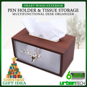 Elegant Wooden Desk Organizer with Tissue Holder and Pen Stand Water-Resistant Multipurpose Office Stationery Storage