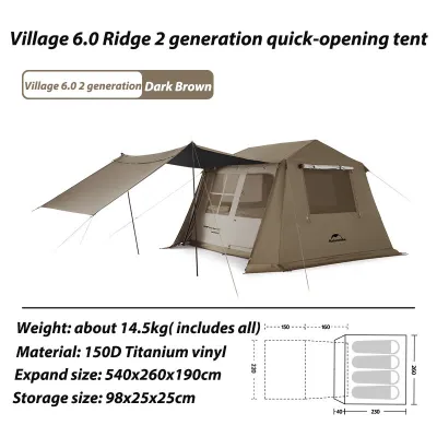 Naturehike เต็นท์รุ่น Village 6.0 Ridge 2 Gen เปิดเร็ว อัตโนมัติ ขนาดใหญ่ รองรับ 4-6 คน เหมาะสำหรับครอบครัวและการรวมกลุ่ม แคมป์ปิ้งกลางแจ้ง มีคุณสมบัติกันน้ำและกันแดด