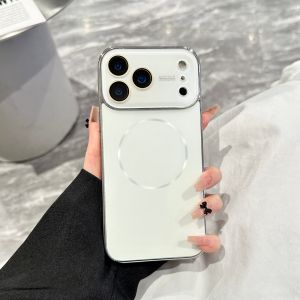 Luxury Plating Frame For Magsafe Phone Case For iPhone 17 16 15 14 13 Pro Max Crystal Lens Bumper Magnetic Wireless Charge Cover