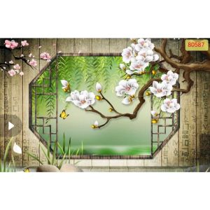 (HCM)Tranh dán tường 3d hoa mộc lan bên cửa sổ trang trí phòng khách phòng ngủ tích hợp sẵn keo