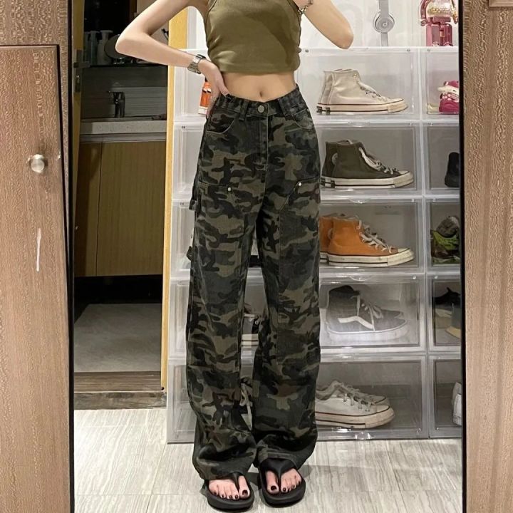 Plus size Army green camouflage jeans for women Korean style high ...