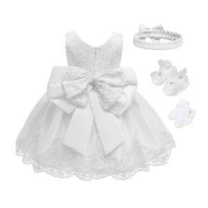 Christening Dress Set for Baby Girl Newborn Elegant Baptismal Princess Dresses Infant 1st Birthday Lace Gown with Headband + Socks + Shoes