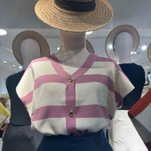 BL20769 Wide Shoulder Stripe Loose Knit Top