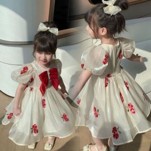 (KIDSFO-28) Dress Gaun Anak Korea Mewah Pesta Bordir Bunga Pita Merah Organza Elegan