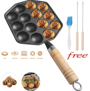 Takoyaki Grill Pan 14/12 Holes Nonstick Cast Iron Octopus Meat Balls Molds Maker with Detachable Handle Pancake Balls Desserts Skillet for Induction Cooker Gas Stove