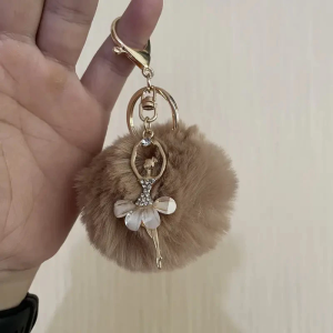 Crystal Angel Keychain - Ballet Girl Charm with Faux Rabbit Fur Pompom - Cute Accessory for Women