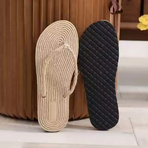 [Free Shipping] New Summer WomenS Flip-Flops Faux Straw Woven Flat-Soled Outdoor Beach Sandals With Flat Heel And Sole
