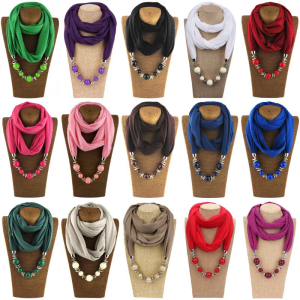 Womens Fashion Neckerchief for Infinity Ring Scarf Necklaces Ethnic Solid Color Beads Shawl Clothing Accessories